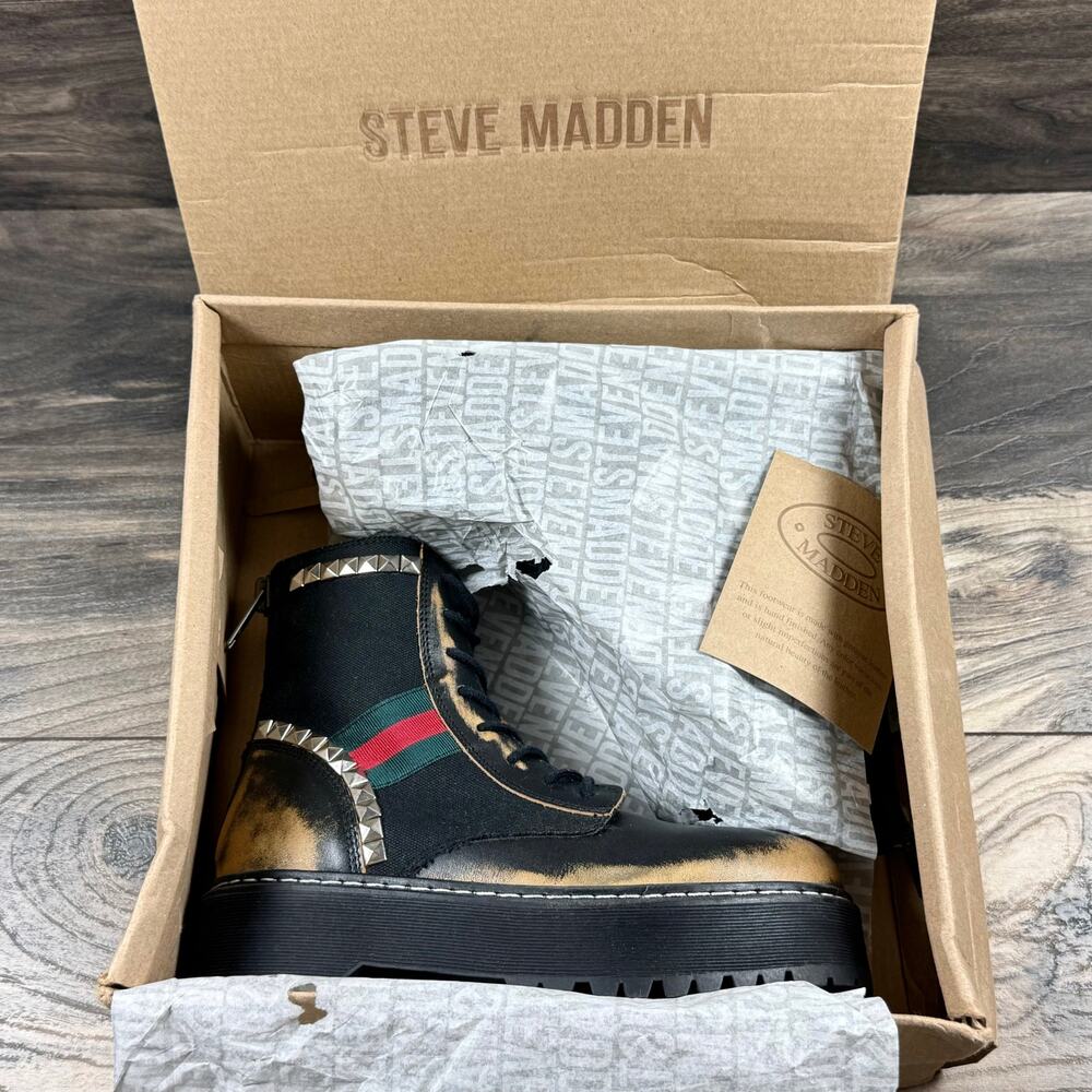 NIB Steve Madden 8.5M Burner Leather Studded Mixed Media Lug Sole Combat Boots - Picture 10 of 11